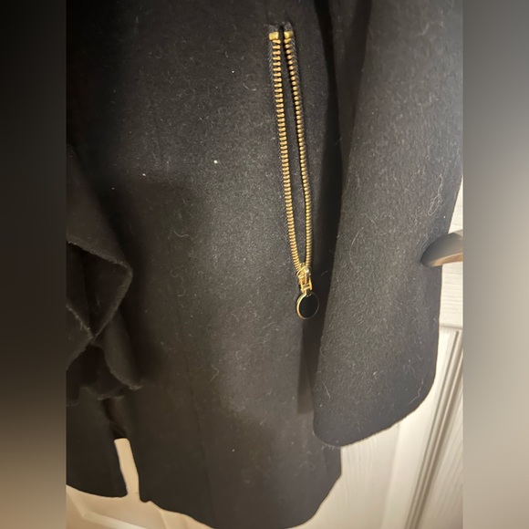 Tahari Wool Blend Black Full Length Front Zipper Ruffled Coat Jacket - Picture 2 of 8